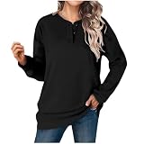 Pullover Damen Langarm Knöpfen Freizeit Tshirt V-Ausschnitt Henley Sweatshirt Herbst Winter Damenoberteil Klassisch Unterhemd Blusen Tops Lockere Passform Tuniken Blusen Einfrabige Long