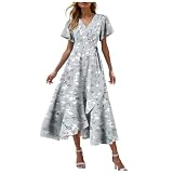 Sommerkleid Damen Lang Elegant Rüschen Wickelkleid Damen Blumen Sommerkleider Leicht Luftig Strandkleid Frauen V Ausschnitt Tailliert A Linie Kleid Geblümt Blumenkleid Schwingen (12-Grey, XL)