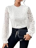 GORGLITTER Bluse Damen Elegant Oberteil Spitzen Hemdbluse Office Casualshirt Langarm Spitzentop Blusetop Tunika Weiß L
