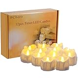 PChero LED Teelichter mit 6 Stunden Timer, 12er Set Elektrische Flammenlose LED Kerzen Flackernde Flamme mit Batterie und Timerfunktion für Halloween Party Zimmer Silvester Kürbis Deko W
