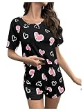 GORGLITTER Schlafanzug Damen Kurz Sommer Pyjama Set mit Herzen Muster 2 TLG Schlafanzüge mit Kurzarmshirt und Short Schwarz L