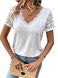 SOLY HUX Damen T-Shirt V Ausschnitt Kurzarmshirt Casual Oberteil Lässig Sommershirt mit Spitzen Weiß L