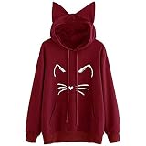 KIMODO Große Größen Kapuzenpullover Damen Cat Print Hoodie mit Katze Ohren Kapuzenpulli Mode Mädchen Sweatshirt Tops Bluse Sweatjacke College Freizeit Samt Lange Hoodies mit Taschen (Wein, L)