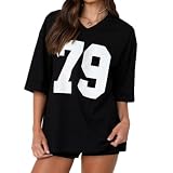NIXWWBY Jersey-Shirts für Damen, Y2K, übergroßes T-Shirt, Nummer-Grafikdruck, Jersey-Hemd, V-Ausschnitt, halbe Ärmel, Streetwear-Tops, D-schwarz, S