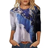Damen T-Shirt 3/4 Arm Blusen Shirt mit Allover-Minimal Print Lose Stretch Casual Oberteil Basic Tops T