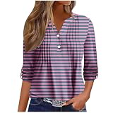 CGGMVCG Damen-Top, 3/4-Ärmel, Blusen für Damen, elegant, lässig, Knopfleiste, 3/4-Ärmel, gestreift, Herbst-Shirt, violett, M