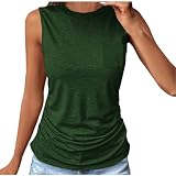 Westentop für Damen, gerüschtes Tank-Top, ärmellos, Tank-Top, Cami, Basic-Sommer-Shirt, Rundhalsausschnitt, lässiges T-Shirt, lockere T-Shirts, Bluse, zum Ausgehen, Tunika, Hemd mit Tasche, A01-grü