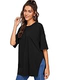 DIDK Damen T-Shirts Übergröße Longshirt Kurzarmshirt Rundahls Shirts Oberteile mit Schlitz Einfarbig Langshirts Top Casual Tunika Schwarz M