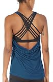 icyzone Damen Sport Tops mit Integriertem BH - 2 in 1 Yoga Gym Shirt Fitness Training Tanktop (M, True Blue)