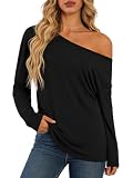 HAWILAND Schulterfreies Oberteil Damen Oversize Shirt Elegant Off Shoulder Langarmshirt mit Fledermausärmel Schwarz L