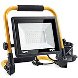LED Baustrahler, 50W 5000LM Arbeitsleuchte, LED Arbeitsleuchte mit Stecker, IP66 Wasserdicht Baustrahler mit 4M Kabel, Tragbar für Werkstatt oder Baustelle,Garage, 6500