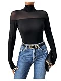 GORGLITTER Mesh Oberteil Damen Langarm Tshirt Mit Netzeinsatz Langarmshirt Party Outfit Sexy Durchsichtiges Oberteil Schwarz L