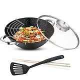 Renberg - Wasabi Wok Gusseiserne Wokpfanne 28cm| Mit Marmorbeschichtung| Mit Glasdeckel| Mit Nylonspatel| Mit Bambus-Essstäbchen| Vielfältige Funktionen| Für Alle Herdarten| 3.6 L