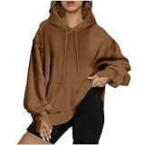 Pullover Langarmshirt Damen Oversize Hoodie Sweatshirts Bluse Lang Kapuzenpullover Winter Oberteile Outwear Kapuzenpulli mit Taschen Longpullover Pullis Einfarbig Schlitz Longshirt Sport Y2