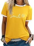 Dresswel Tshirt Damen Smile Druck T-Shirt Rundhals Kurzarm T Shirts Sommer Oberteile Tee Tops Bluse(Gelb,S)