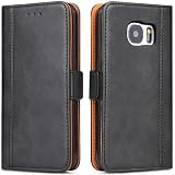 ROJIOJIO Handyhülle für Samsung Galaxy S7, Leder Handytasche Kartenfach Klappständer Magnetisch Lederhülle für Samsung Galaxy S7 Hülle, Schw