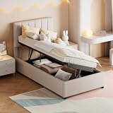 JOROBURO Gepolstertes Kinderbett, 90 x 200 cm, hydraulisches Aufbewahrungsbett, Queen-Size-Bettgestell mit aufklappbarer Aufbewahrung, gepolsterter Bettrahmen, kein L