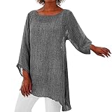 Leinenhemd Damen Lang Oberteile 3/4 Arm Shirt Große Größen Lockere Asymmetrisch Hem Langarmshirt Bluse Baumwolle Leinen Longshirt Vintage Lässiges Summer Blusenshirt Baggy Tunika Top H