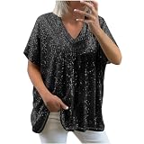 Trendige Pailletten Oberteile für Damen Oversize Lockerer Pullover Sexy V-Ausschnitt T-Shirt Einfarbiges Pulli-Shirt mit kurzen Ärmeln Lose Tunika Bluse Longshirt Lang Pullover Übergröße Longtop