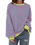 Chicrise Langarmshirt Damen Rundhals Shirt Langarm Frühling Gestreifter Sweater locker Rosa-grün Gestreift Klein 34-36
