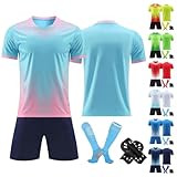 Generisch Fußball Kostüm, Personalisiertes Trikots Saison 24/25, Fussballtrikot Kinder Jungen, T-Shirt Shorts Socken Und Schienbeinschoner Set Trikot Fussball Langarm (L, Light Blue)