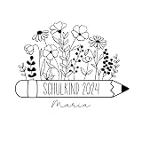 Bügelbild Schulkind 2024 mit Name undBlume für T-Shirts, Schultüten, Textilien in Flex, Glitzer, Flock, Effekt in Wunschgröß