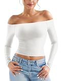 ZAAYO Long Sleeve Schulterfreies Oberteil Damen Y2K Crop Top Basic Langarmshirt Sport Tshirt Off Shoulder Gym Oberteil Damen White M