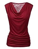 PINSPARK Bluse Damen Elegante Oberteile V-Ausschnitt Spitzen Tops Stretch Tunika Wasserfall Shirt Wein Rot M