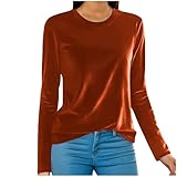 TURWXGSO Damen-Langarm-Shirt, Samt, lässig, lockere Passform, Rundhalsausschnitt, Baselayer, T-Shirt, Damenpullover, Tunika-Tops, 02 orange, 40
