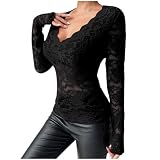 Spitzen Oberteile Damen Sexy Mesh Oberteil Transparent Langarmshirt V-Ausschnitt Bluse Durchsichtige Shirt Y2k Clothes Spitzenoberteil Sheer Top Spitzenbluse mit spitze Netzoberteil Lace top N