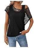 GORGLITTER Damen 2 in 1 Oberteiel Kurzarmshirts Fledermausärmel T-Shirts Lässig Tunika mit Spitzen Schwarz S