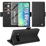 Handyhülle für Samsung Galaxy S10 Plus Mit Schutzfolie, Standfunktion, Kartenfach - Premium Leder Schutzhülle, Flip Case Cover, Stoßfeste Klapphülle, 6.4 Zoll (Schwarz)