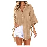 Oversize Shirt Damen, 80Er Jahre Outfit Damen Bluse Damenen Frühling Übergrößen Langarm Top Lässiges Sport mit Reverskragen Schlichtee Oberteile, Grüne Bluse Beige 5XL
