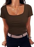 Aottori Damen T-Shirt Rundhals Stretch Tee Shirts Kurzarm Basic Oberteile Baumwolle Eng Rippshirt Sexy Casual Tops Einfarbig Braun M