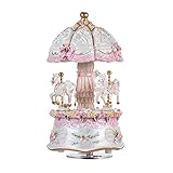 summina Luxus-Spieluhr, 3 Pferde, drehbar, Karussell Merry-go-round Windup Musikkarussell mit bunten Farbwechseln, LED-Licht, Melodie von Schloss im H