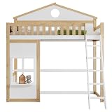 I0I&I0I Etagenbett Hausbett Kinderbett 90x200cm mit Treppe, Dach und Fenster, Fallschutz und Gitter, Kiefer + MDF (Weiß+Natur)
