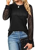 Cuptacc Langarmshirt Damen Rundhals Top Lace Tunic Herbst T-Shirt Mit Falten Pullover Shirt Luftig Schwarz, Klein S 36