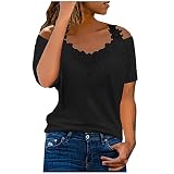Tunika Damen Sommer Kurzarm Tshirt Modische Spitzenbesatz Bluse Schulterfreies V-Ausschnitt Shirt Floralem Schmetterlingsdruck Oberteile Sexy Schnürung T-Shirt Slim Fit Tops Partywear S-5XL