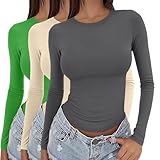 Damen-T-Shirt, Langarm, Basic, Stretch, Top, modisch, elegant, Langarm, Shirt, Rundhalsausschnitt, einfarbig, Pullover, Tops, Frühling, Sommer, A., X-Larg