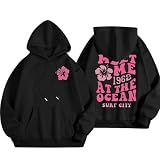 Meet Me 1962 at the Ocean Surf City Damen Kapuzenpullover mit grafischem Buchstabenaufdruck, lässiger Pullover mit Kordelzug, Schwarz , M