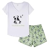 MyFav Damen Kurz Pyjama Se Sommer Panda Druck Schlafanzug Kurzarm V Aussschnitt Shirt mit Kurze Hosen Nachtwäsche,Weiß Grün,M