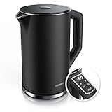 Arendo - Edelstahl Wasserkocher mit Temperatureinstellung 40-100 Grad in 5er Schritten - Doppelwand Design - Modell ELEGANT - 1,5 Liter - 2200 W - Teekocher mit Temperaturanzeige - GS - Schw