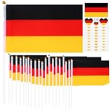 Piuluvor® Deutschland Flagge Klein, 20 Stück Deutsche Mini Handgehaltene Flaggen mit 30cm Pole, 10 Stück Deutschland Aufkleber, Flagge für Fans Fußball EM WM Euro Party Dek