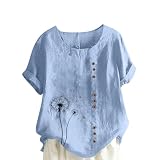 Musselin Bluse Damen Modisches Blumendruck Leinenbluse Sommer Tshirt mit Knöpfen Kurzarm Rundhalsausschnitt Leinenhemd Große Größen Oberteile Baumwolle Leinen T-Shirt Locker Longshirt 5XL