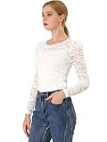 Allegra K Damen Spitze Semi Sheer Oberteil Langarm Stickerei Blumen Durchsichtig Bluse Shirt Weiß L