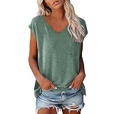 T Shirt Kurzarm Sommer Damen-V Ausschnitt Sommershirts Leicht und Luftig Schwarz Frauen-Oversize Tank Top Locker Tshirt Weiß Einfarbig Oberteile mit Flügelärmeln Casual Lose Tank Top