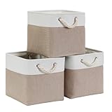 Mangata Aufbewahrungsbox 30x30x30 cm, Aufbewahrungskorb mit Griff, Aufbewahrung Korb Stoff für Regal, Schrank, und Kleidung (Faltbare, Helles Khaki Weiß, 3er Set)