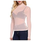 Lazzboy Langärmliges High Neck Arm Shaper Shirt Für Damen Mit Transparenter Mesh Bluse Langarm Pullover Frauen Transparent Tüll Body T-Shirt Tunika Tops (Khaki,XL)