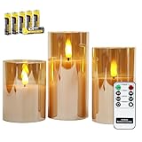 Rhytsing Gold flammenlose Kerzen im Glas, 3 Glaswindlichter mit Fernbedienung und Timerfunktion, warmweiße Licht mit B