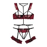 Damen Dessous Spitze Negligee V-Ausschnitt Unterwäsche Rüschen Halter Babydoll Neckholder Semi-Transparente Lingerie Vorne Offene Babydoll Set Nachtwäsche Sexy
